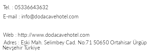 Doda Artisanal Cave Hotel telefon numaralar, faks, e-mail, posta adresi ve iletiim bilgileri